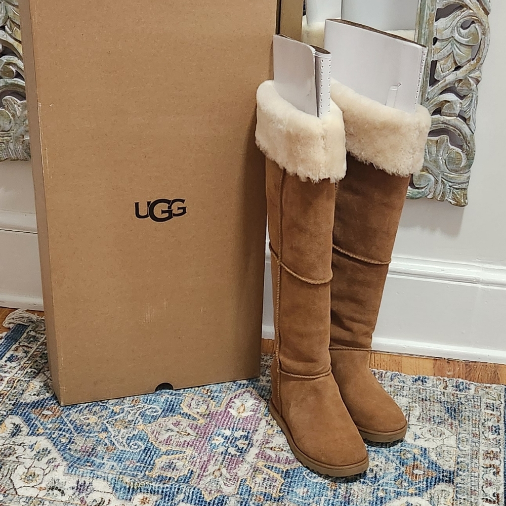 UGG CLASSIC FEMME OVER THE KNEE CHESTNUT SUEDE FUR WEDGE TALL BOOTS SIZE 7 WOMEN